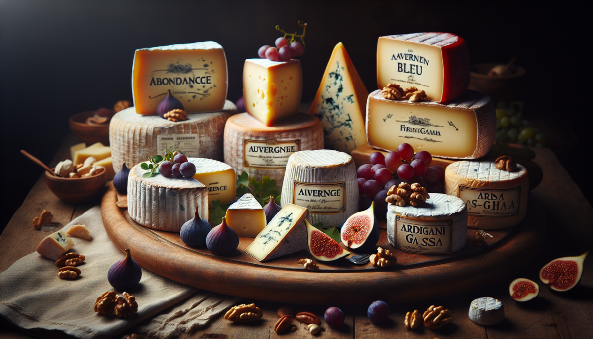 Fromage A : Abondance, Auvergne bleu, Ardi gasna sur planche rustique avec fruits et noix.
