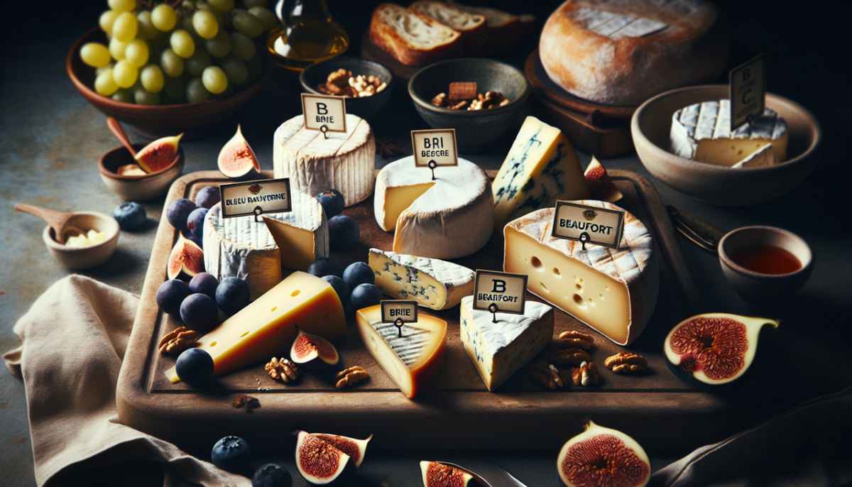 Plateau de fromages français : Bleu d'Auvergne, Brie, Beaufort, raisins, figues, noix, pain, éclairage naturel, profondeur de champ réduite.