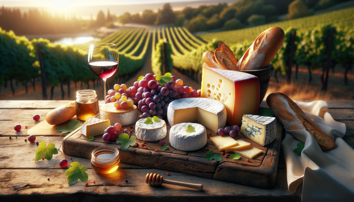 Image d'assortiment de fromages français commençant par C, sur planche en bois rustique, dans un décor de vignoble.