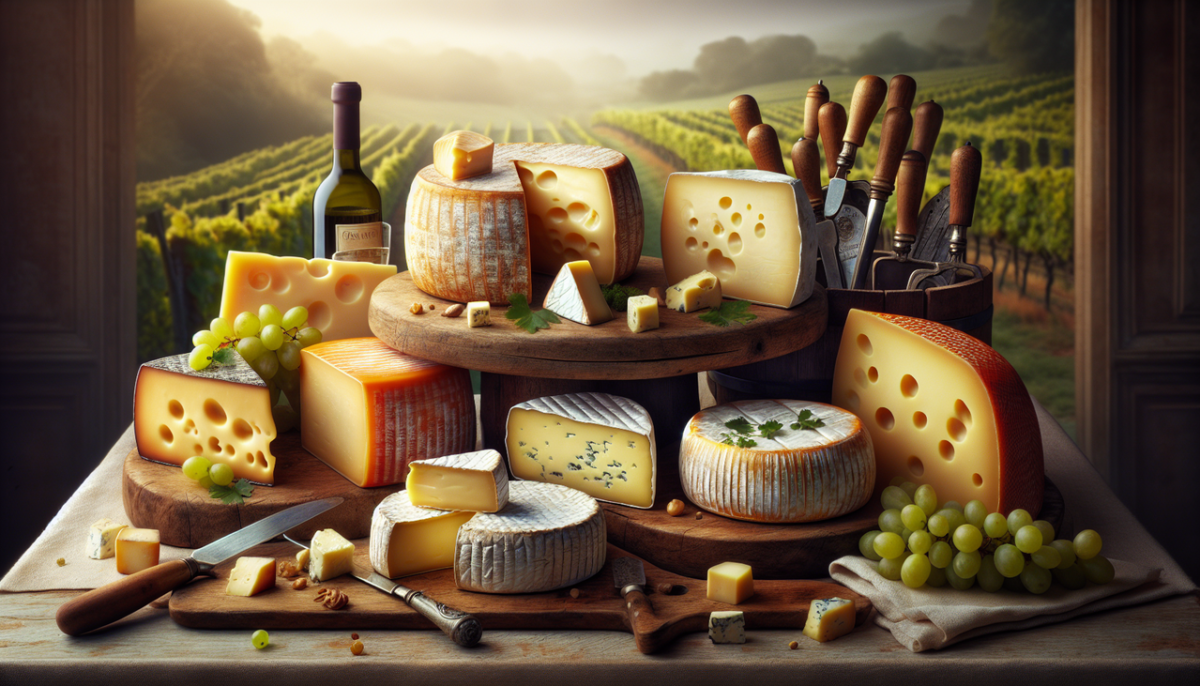 Fromages E : Époisses crémeux, Emmental pâle et ferme, Etorki lisse et ambré, sur planche en bois rustique. Vignoble en fond.
