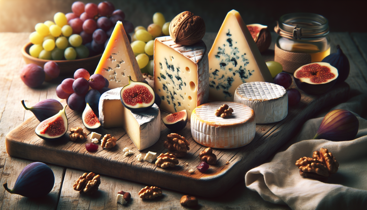 Afficher variété de fromages français avec F (Fourme d'Ambert, Fromage Meaux, Feta) sur plateau bois.