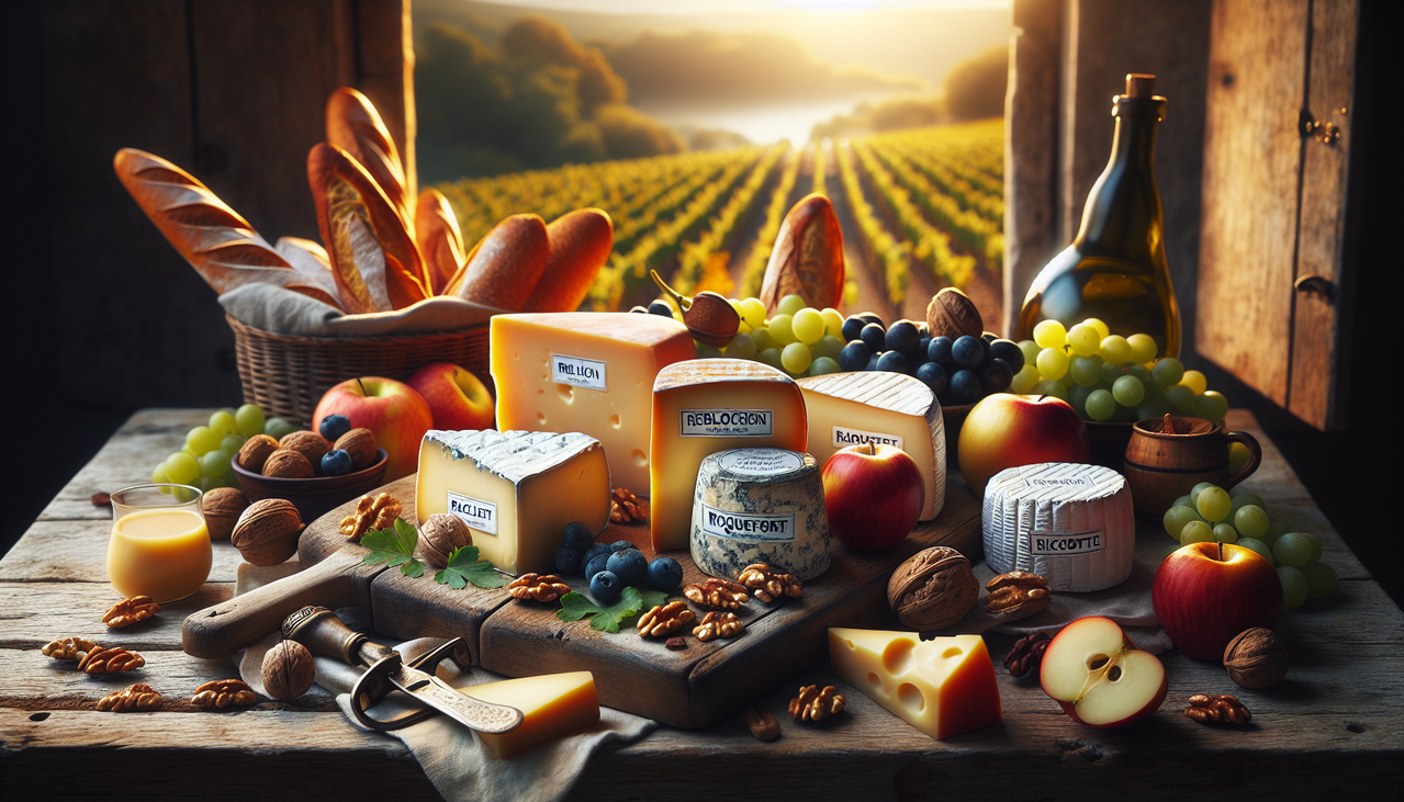 Frommage en R sur planche en bois : Reblochon, Roquefort, Raclette, Rigotte, fruits, noix et baguette vintage.