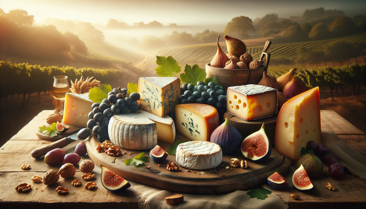 Frommage en U avec fruits et noix, ambiance chaleureuse, textures détaillées.