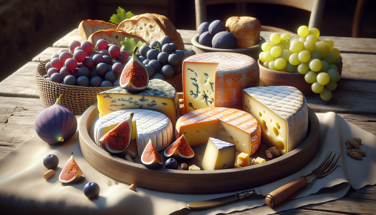 Frommage en V variés avec raisins, figues et pain rustique, ambiance campagne française.