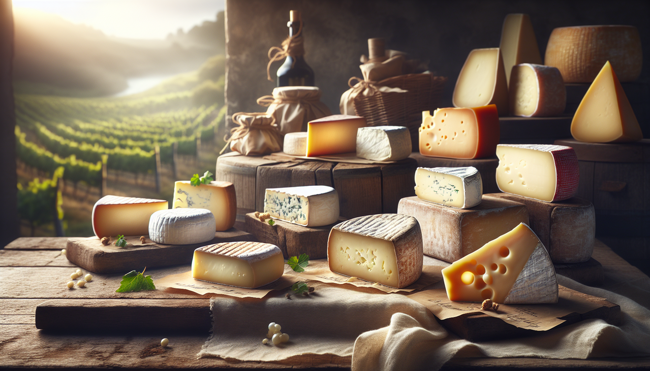 Assortiment de fromages en W sur une table en bois rustique, étiquetés élégamment, avec arrière-plan de vignoble.