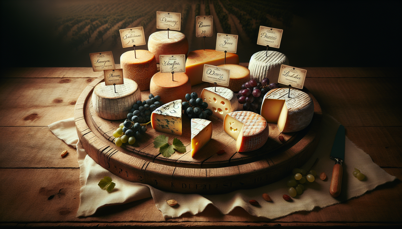 Plateau de fromages en X sur planche en bois rustique avec étiquettes en écriture cursive.