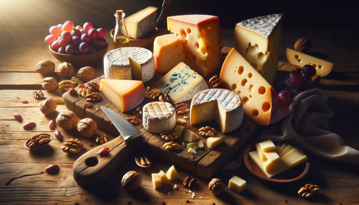 Frommage en Z avec divers fromages et accompagnements sur une planche en bois rustique.