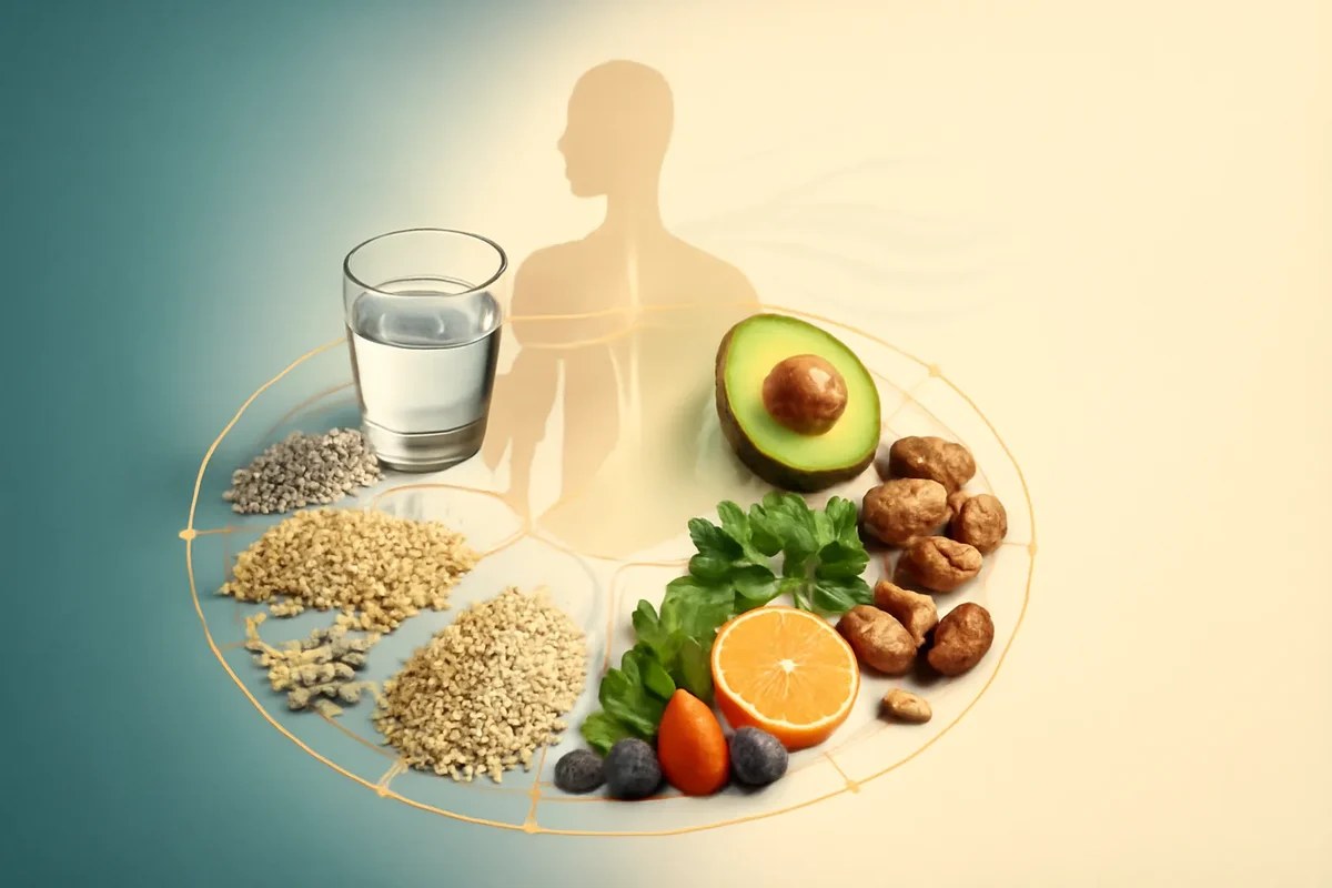 Assiette équilibrée avec légumes, céréales complètes et protéines variées, illustration de la nutrition et de la santé au quotidien.