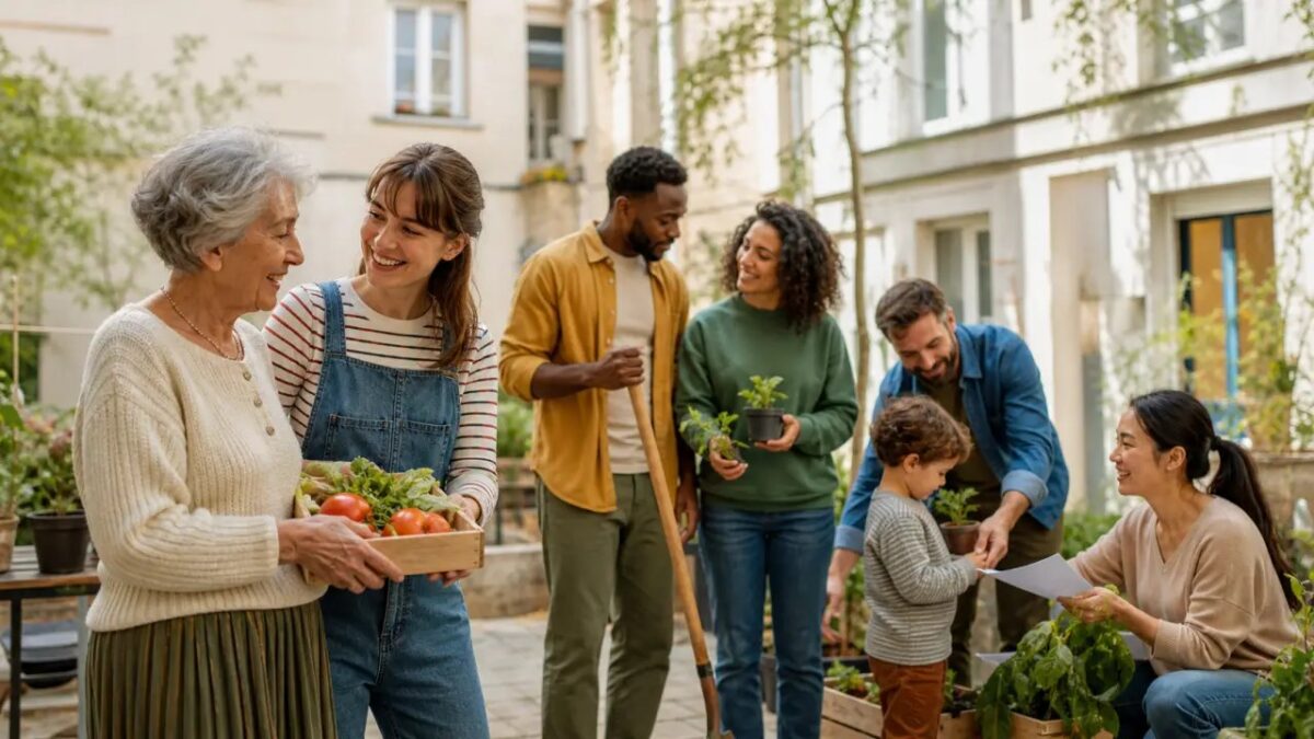 Habitants d'un quartier qui échangent et s'entraident devant un immeuble